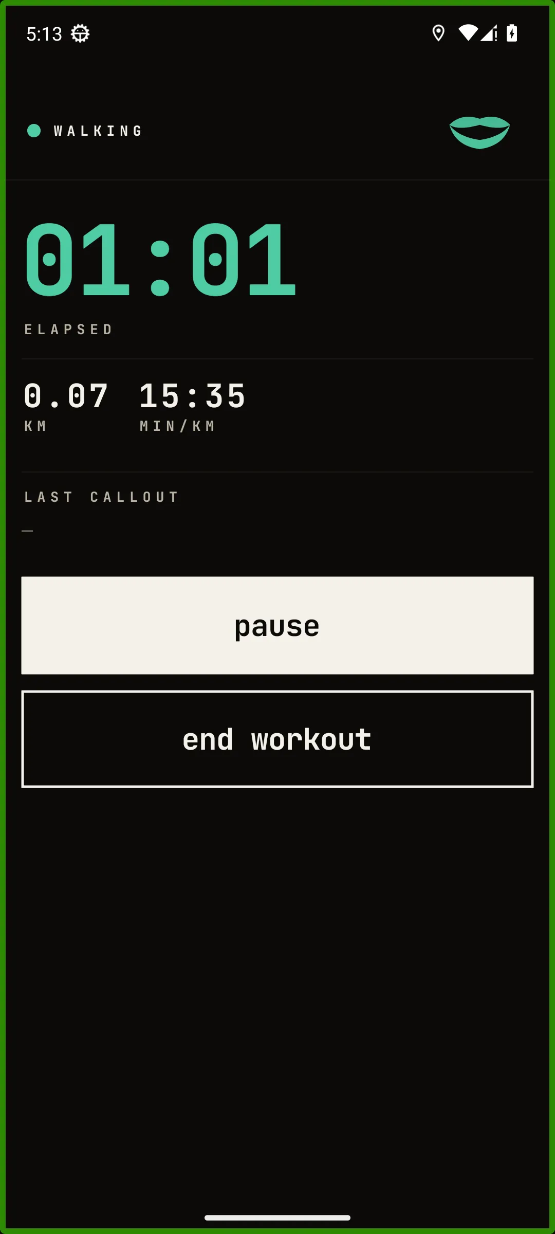 Blind-First mid-walk: elapsed, distance and pace as spoken rows