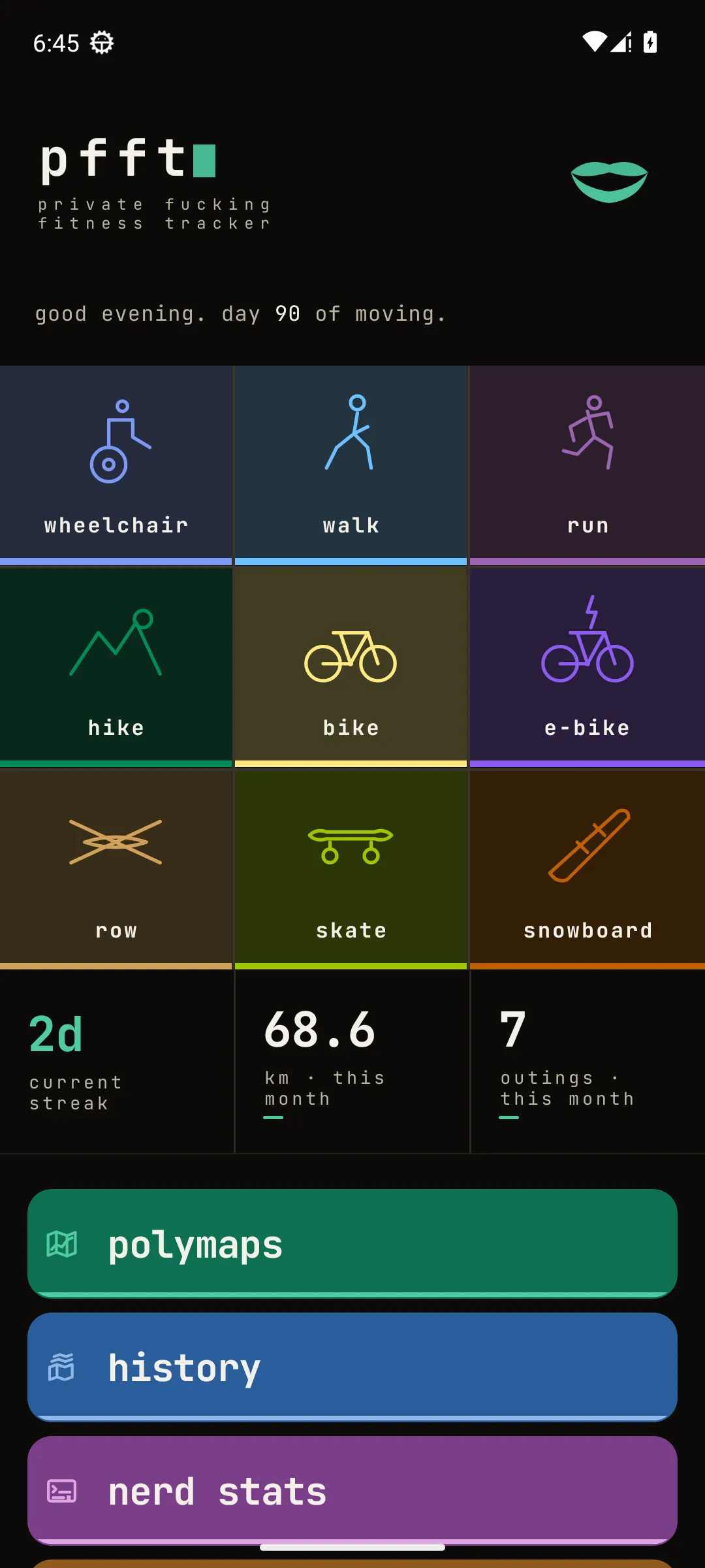 PFFT home screen: activity grid and recent workouts