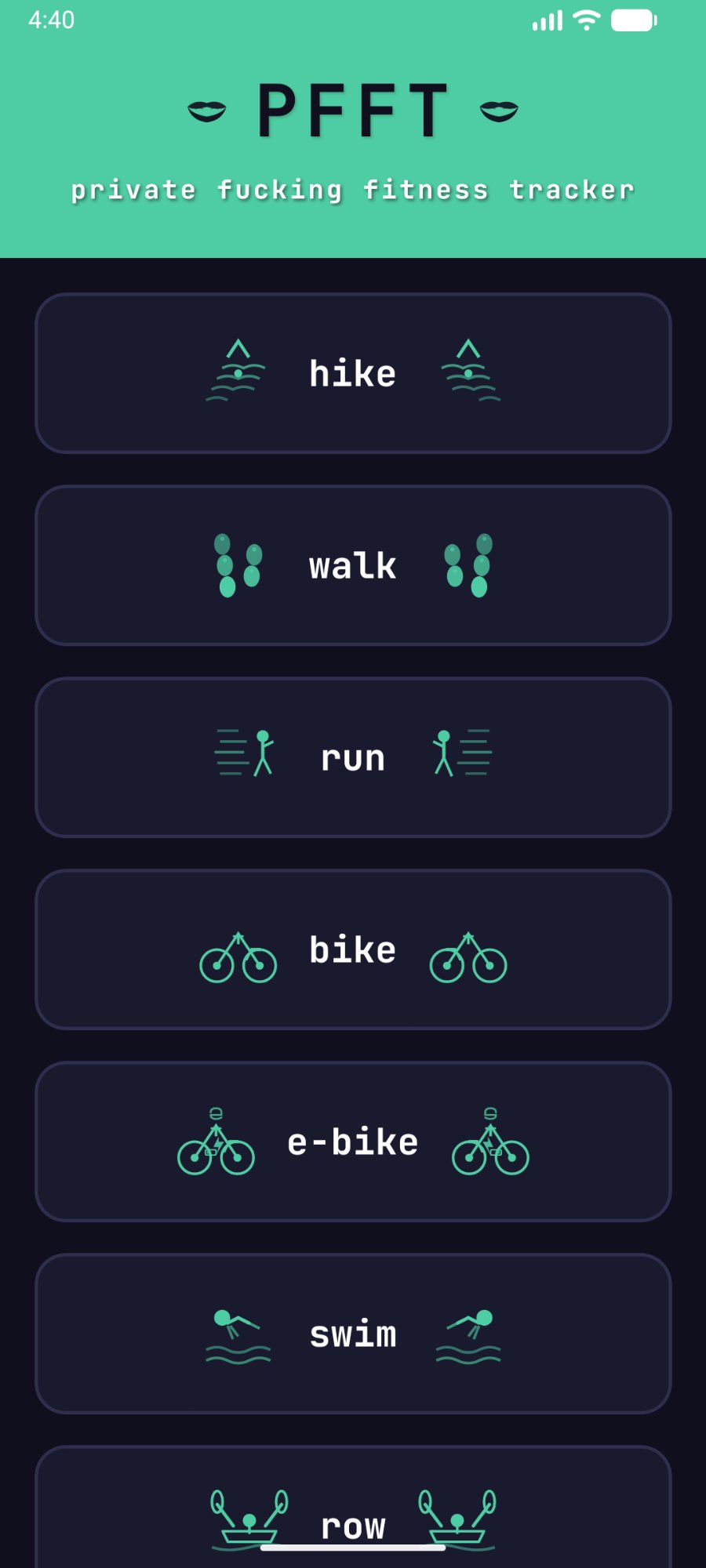 PFFT home screen with activity buttons