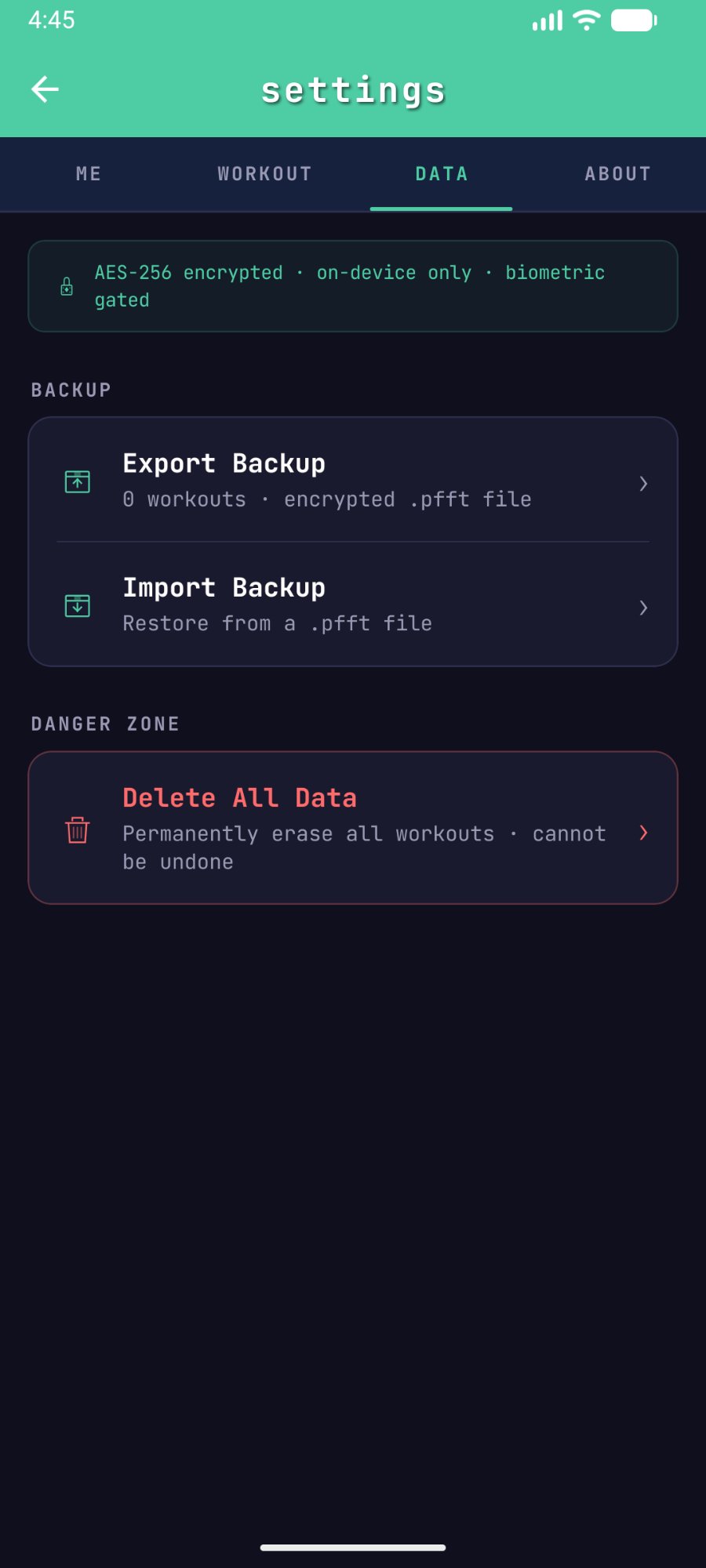 Settings - encrypted backup and data management