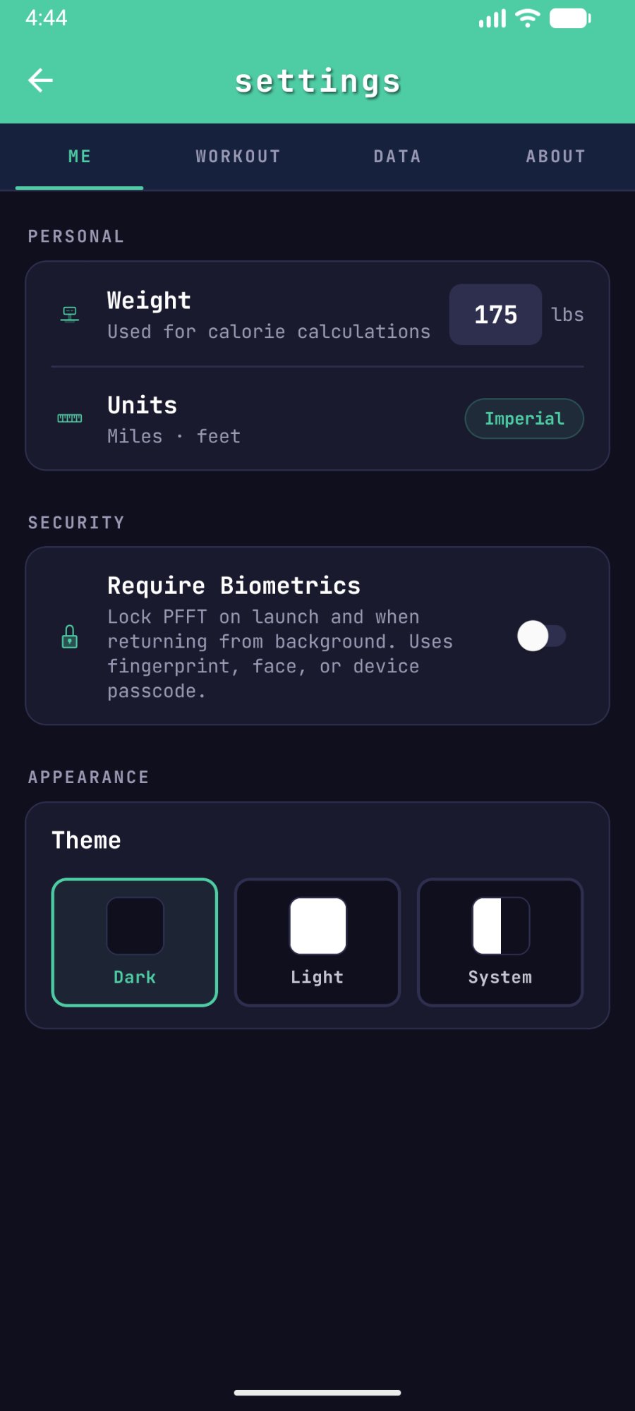 Settings - personal, security, theme
