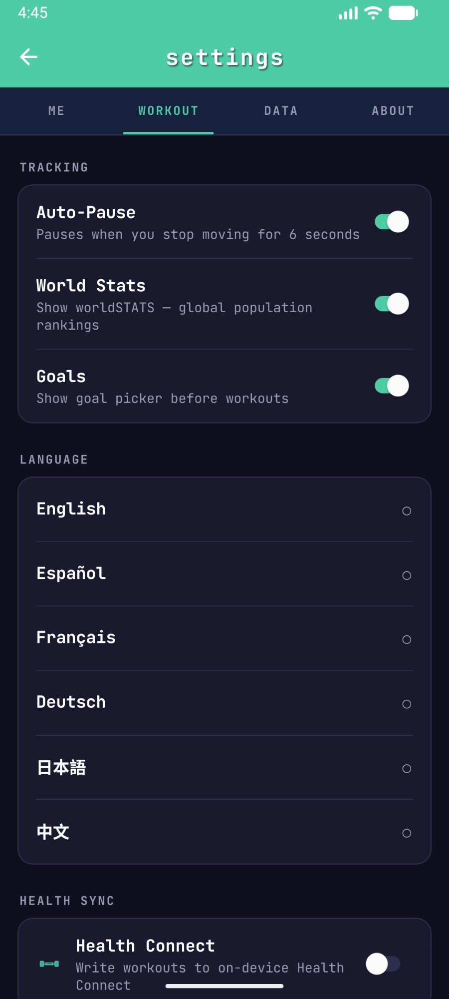 Settings - tracking, language, goals toggles